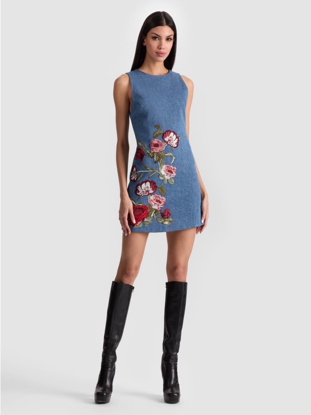 NWT Alice + Olivia Cade Floral Embroidered Sleeveless Denim Dress - Picture 4 of 12